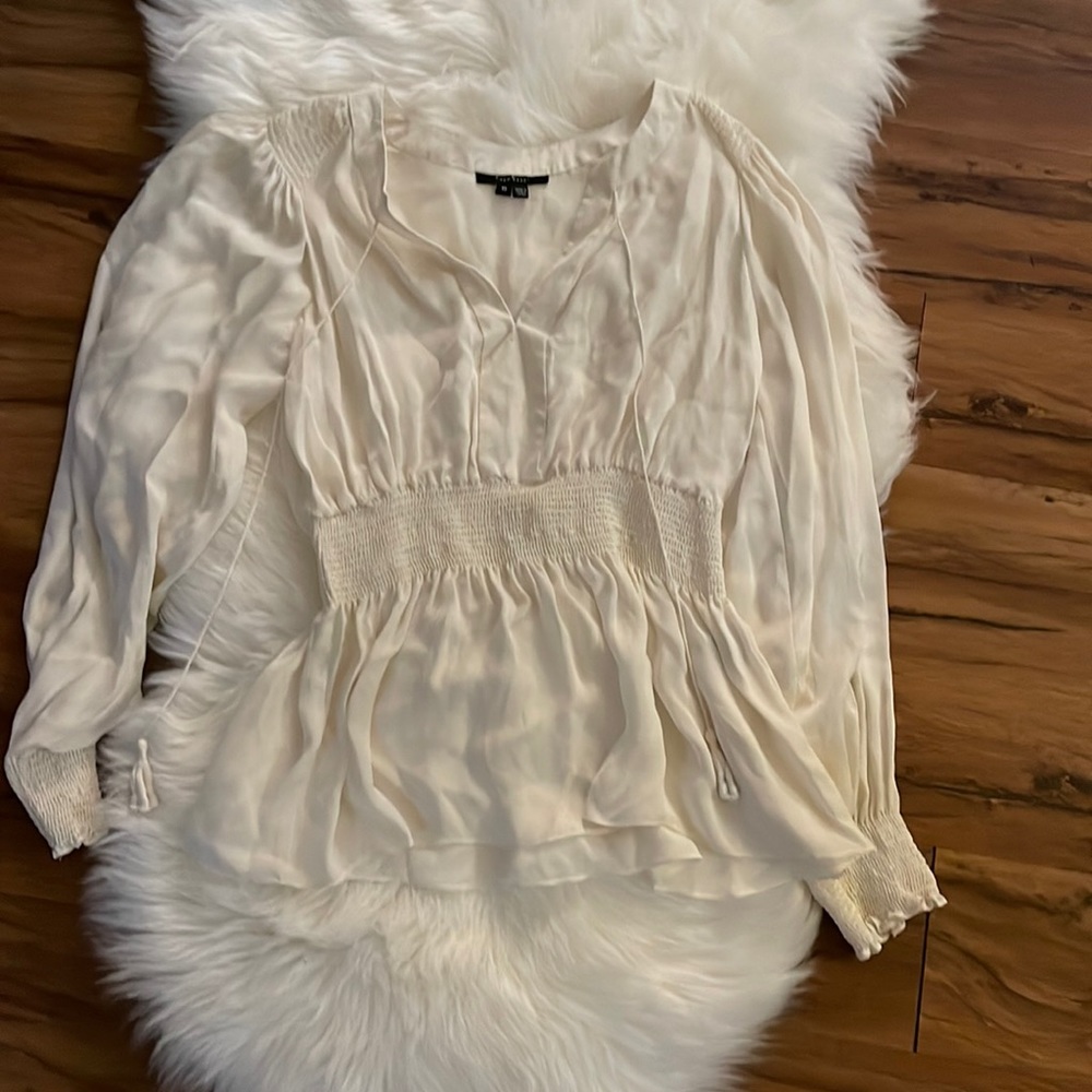 ECI White Long Sleeve Smocked 100% Silk Blouse
